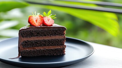 Indulge in a decadent slice of chocolate mousse cake topped with fresh strawberries and drizzled with dark chocolate, set in lush greenery