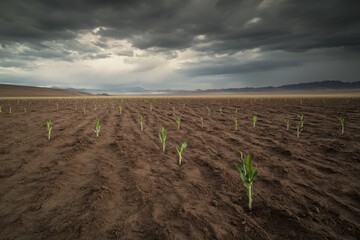 View of a plowed field with young corn sprouts growing in rows, dark brown soil, cloudy sky, distant forest and hills