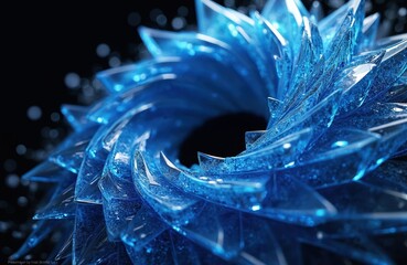 Geometric blue crystal swirl design on dark backdrop. Abstract fractal ice structure with shine and glow, futuristic tech style with motion and sparkle, digital 3d render element scene.