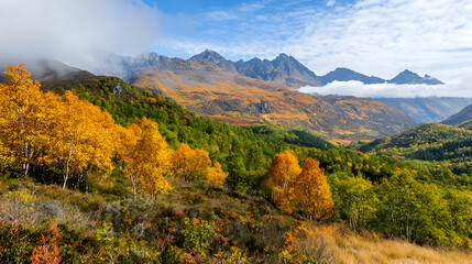 Obraz premium Autumnal Landscape of Mountain Valley with Yellow Trees Green Forests and Cloudy Blue Sky