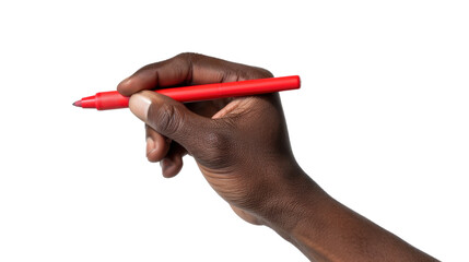 Hand holding red marker writing on transparent background