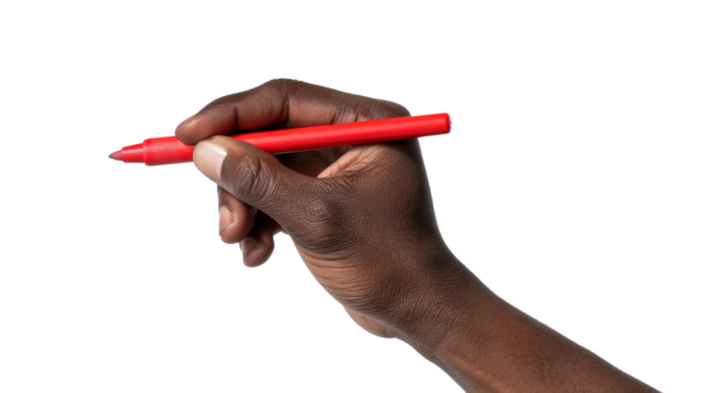Hand holding red marker writing on transparent background