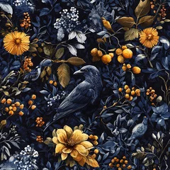 Gordijnen Spring seamless pattern with flowers and birds on a dark background. © Tatiana 
