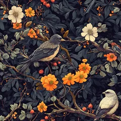 Spring seamless pattern with flowers and birds on a dark background.