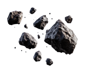 Floating asteroids in space with dark background and detailed surface texture, cut out