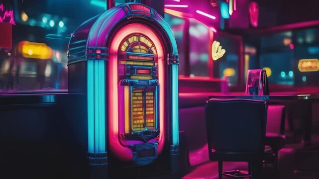 Neon Jukebox in Retro Diner: A vibrant night scene featuring a classic jukebox illuminated by neon lights in a retro-styled diner.