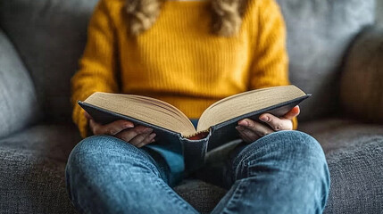 A person sitting with an open book in their hands, wearing a yellow sweater.