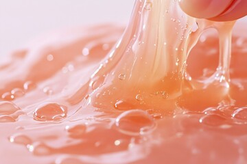 Peach-colored viscous liquid flows, creating bubbles and textures; a close-up shot.
