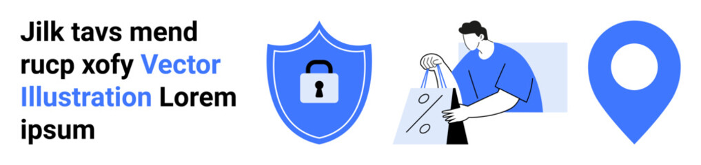 Man with blue shopping bag, shield with lock icon, blue location marker. Ideal for e-commerce, security, online shopping, protection, navigation marketing and web design. Landing page