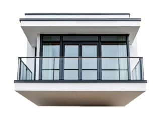 Modern glass balcony with closed sliding doors on white building exterior, cut out