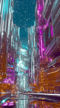 Neon Cityscape: A vibrant, futuristic city street illuminated by colorful neon lights, leading towards a starry night sky, and reflecting on a wet surface.