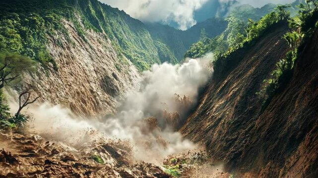 Landslide with rockfall in the mountains. Dust cloud in the air. Concept of natural disaster. Dangerous area with landslide and mudflow threat. Theme of environmental geology.