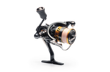 Spinning fishing reel with gold spool on white background