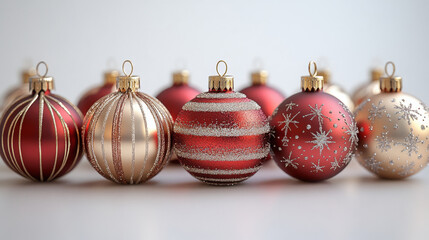 Elegant red and gold Christmas ornaments with intricate glitter designs, festive baubles for luxurious holiday decor, classic winter decorations, premium seasonal aesthetic
