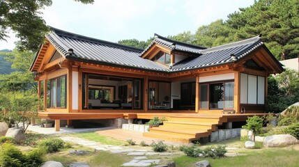 Beautiful traditional style wooden home surrounded by lush green landscape