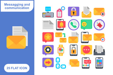 Messaging & Communication Flat Icons Set, Collection of 25 Messaging & Communication Flat Icons Set - 25 Vector Icons for Chat, Email, Social Media, Communication Tools & Messaging Apps
