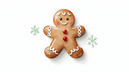 Smiling Gingerbread Man Cookie With Icing And Red Button Decorations On A White Background With Green Snowflakes For Christmas Festivities