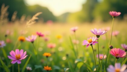 Blurred background of a wildflower meadow, soft focus, flowers, relaxing