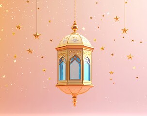 Obraz premium Beautiful hanging golden lanterns with intricate details, glowing softly against a pastel background decorated with floating stars.