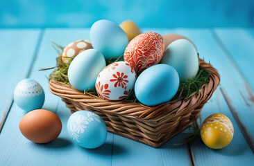 Easter painted eggs in a wooden basket, the basket stands on a blue wooden platform, blue background