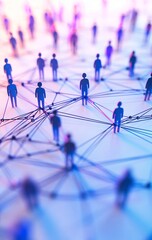 Abstract network concept: Miniature figures interconnected by thin strings, symbolizing global communication and relationships in a vibrant, purple-blue hue.