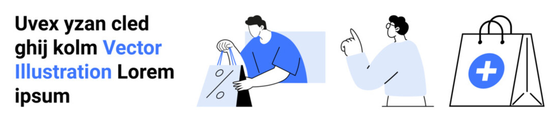 Man holding a shopping bag, another man pointing, and a medical shopping bag with a cross. Ideal for e-commerce, online shopping, digital marketing, healthcare marketing, customer engagement, product