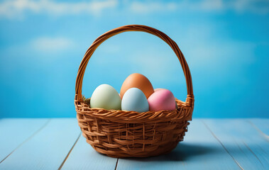  Easter eggs in a wooden basket, the basket stands on a blue wooden platform, blue background
