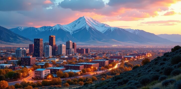 Colorado Springs urban core, Pikes Peak summit in distance, architecture, horizon