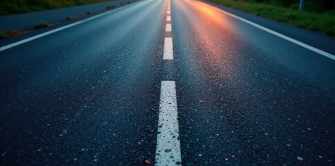 Dark asphalt roadway with crisp white lane markers , direction, way