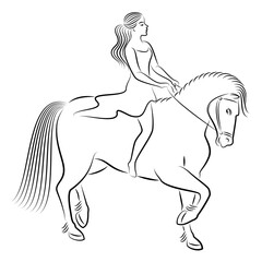 Silhouette of a woman in a stylish horse. The girl is slender and beautiful rider. Lady for aesthetic decor, posters, stickers, logo. Vector illustration.