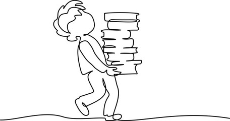 Young boy pupil walk and carry stack school books. Continuous one line drawing.