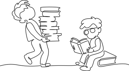 Two boys pupils sitting and standing with books in library. Students are preparing for lesson