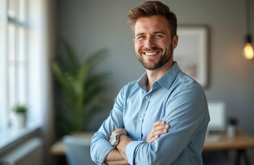 Naklejka premium Smiling young businessman portrait in home office. Guy in casual attire, arms crossed, looks camera. Successful cheerful entrepreneur working modern, positive ambiance, joyful, confident person.