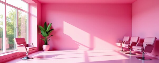 Pink salon interior, chairs aligned before panoramic window, blank wall, pastel, interior