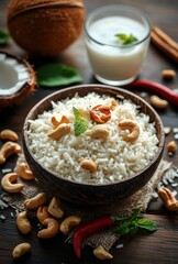 Warm and Aromatic Rice Bowl with Cashews and Chili Peppers Surrounded by Coconut and Yoghurt on Rustic Wooden Table