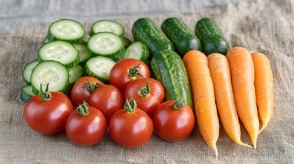 Sliced cucumbers, tomatoes, and carrots on burlap