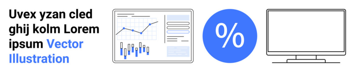 Graph depicting financial data, percentage symbol, and computer screen. Ideal for financial analysis, data monitoring, business presentations, tech tools, investment insights, digital dashboards