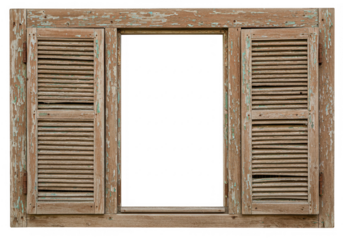A vintage wooden window frame with peeling paint isolated on transparent background