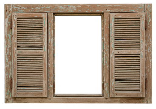 A vintage wooden window frame with peeling paint isolated on transparent background