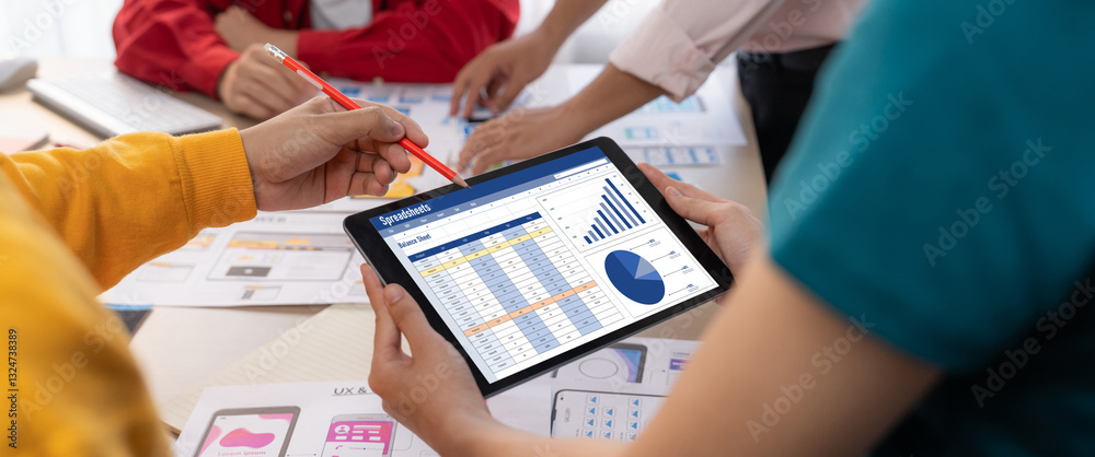 Poster spreadsheet document information financial startup concept. data and graphs in spreadsheet documents