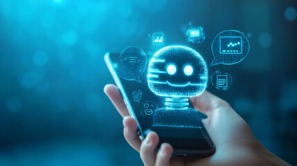 Close-up hand with phone. Chat bot abstract logo on smartphone screen with speech bubbles. Digital chatting artificial intelligence concept on technology blue background. Low poly wireframe vector.