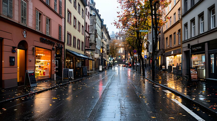 Obraz premium Rainy City Street Scene with Buildings Shops and Reflections Under Evening Sky