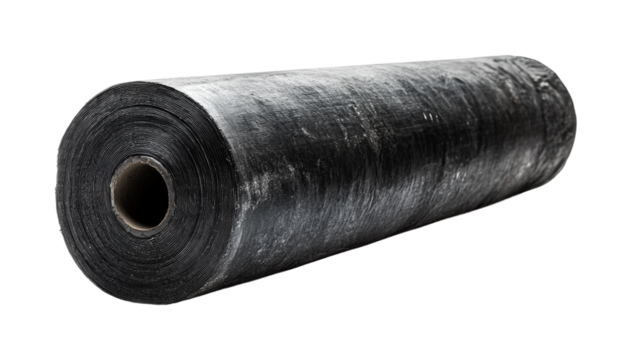 Large roll of industrial black roofing felt for waterproofing applications, cut out