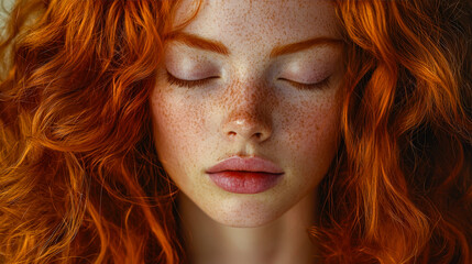 Fototapeta premium A serene young woman with vibrant red curls and freckles poses with her eyes closed, embracing tranquility