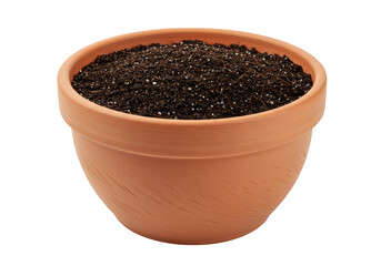 A classic round terracotta pot filled with rich dark soil isolated on transparent background