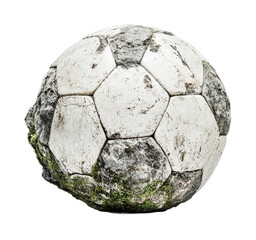 Worn-out soccer ball with moss and cracks, cut out