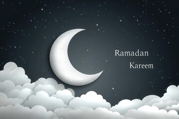 Fototapeta premium Minimalist Ramadan Kareem Design with Crescent Moon and Clouds