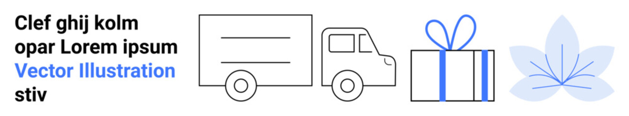 Delivery truck, gift box tied with ribbon, stylized flower. Ideal for e-commerce, shipping, logistics, customer service, online shopping retail promotions seasonal marketing. Landing page