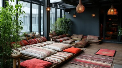 Cozy indoor room with cushioned seating and decorative lighting