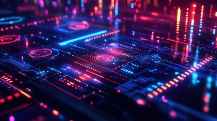 Obraz premium Digital Circuit System with Neon Lights